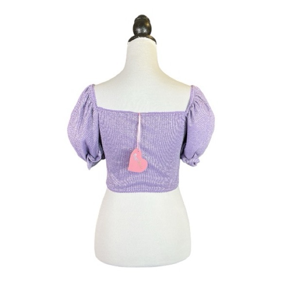 Dolls Kill Sugar Thrillz NWT Lilac Shimmer Rosette Fairy Puff Sleeve Crop Top M - Picture 3 of 10